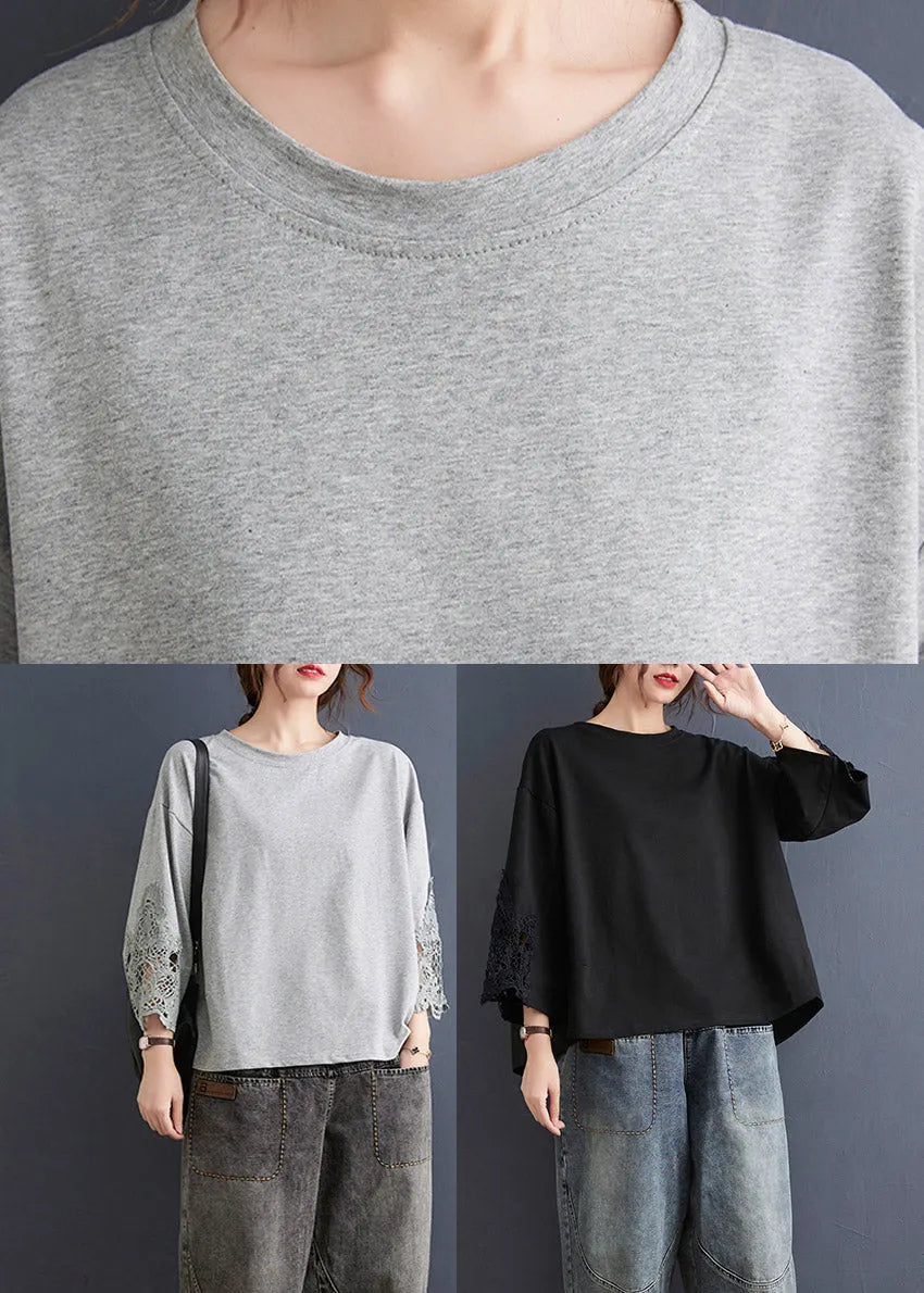 Grey Hollow Out Sweatshirts Top Ruffled Low High Design Three Quarter Sleeve