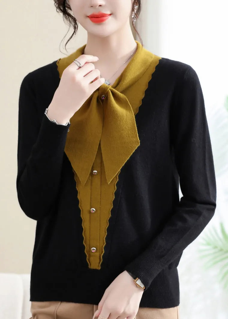 Orange Bow Patchwork Knit Sweaters Spring