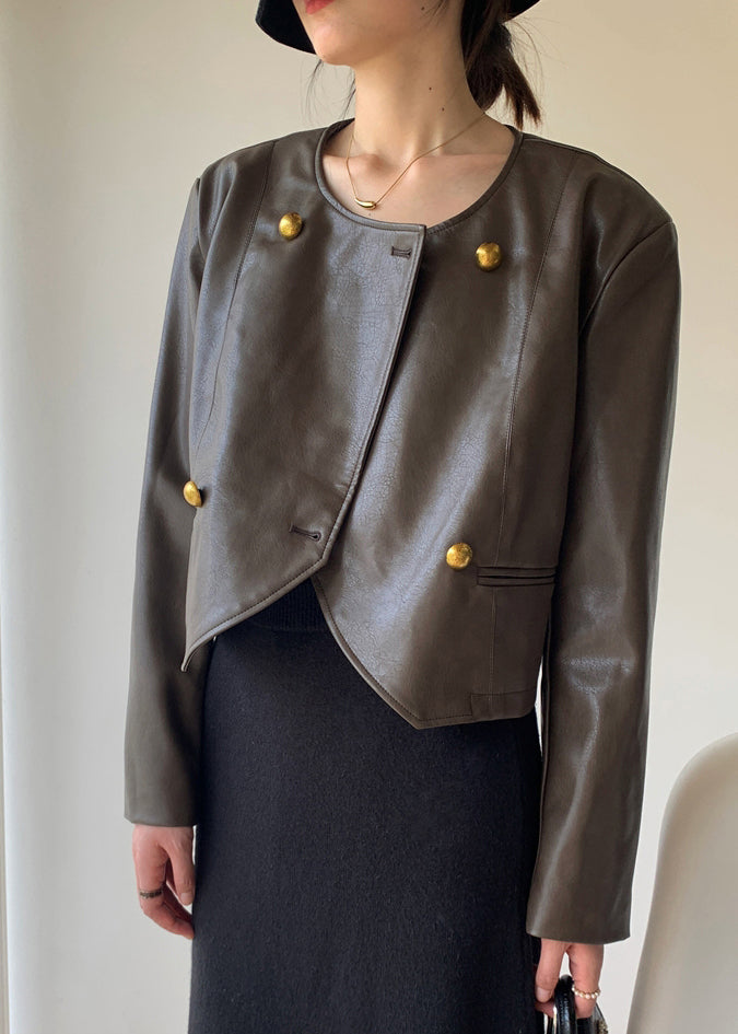 Brown O Neck Button Patchwork Faux Leather Jacket Fall