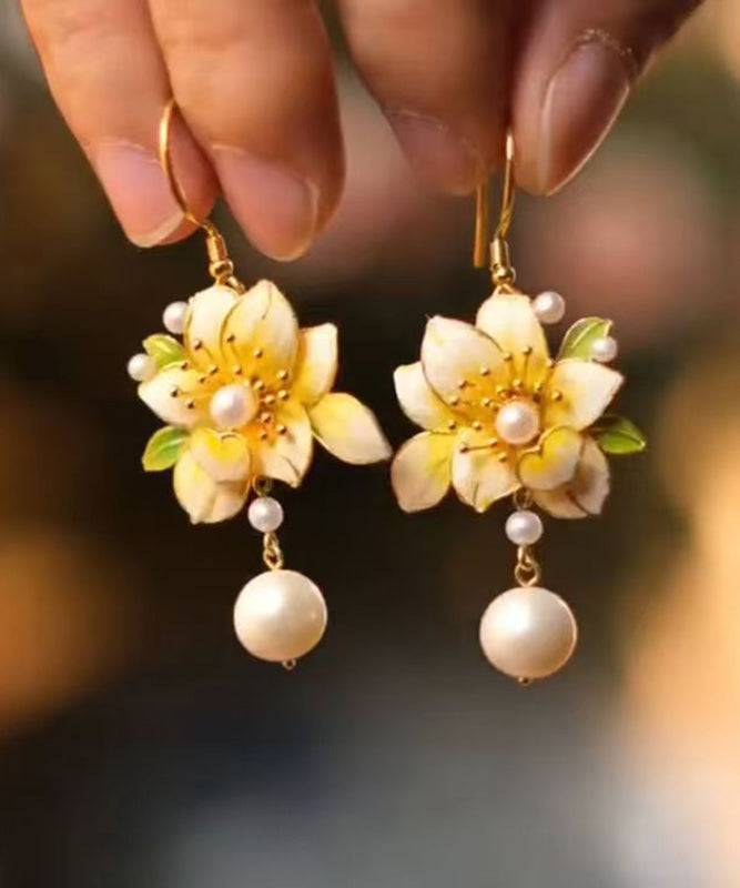 Stylish Yellow Sterling Silver Alloy Pearl Tassel Drop Earrings