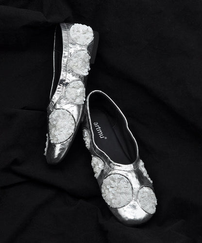 Original Design Silver Cowhide Leather Sequins Flat Shoes for