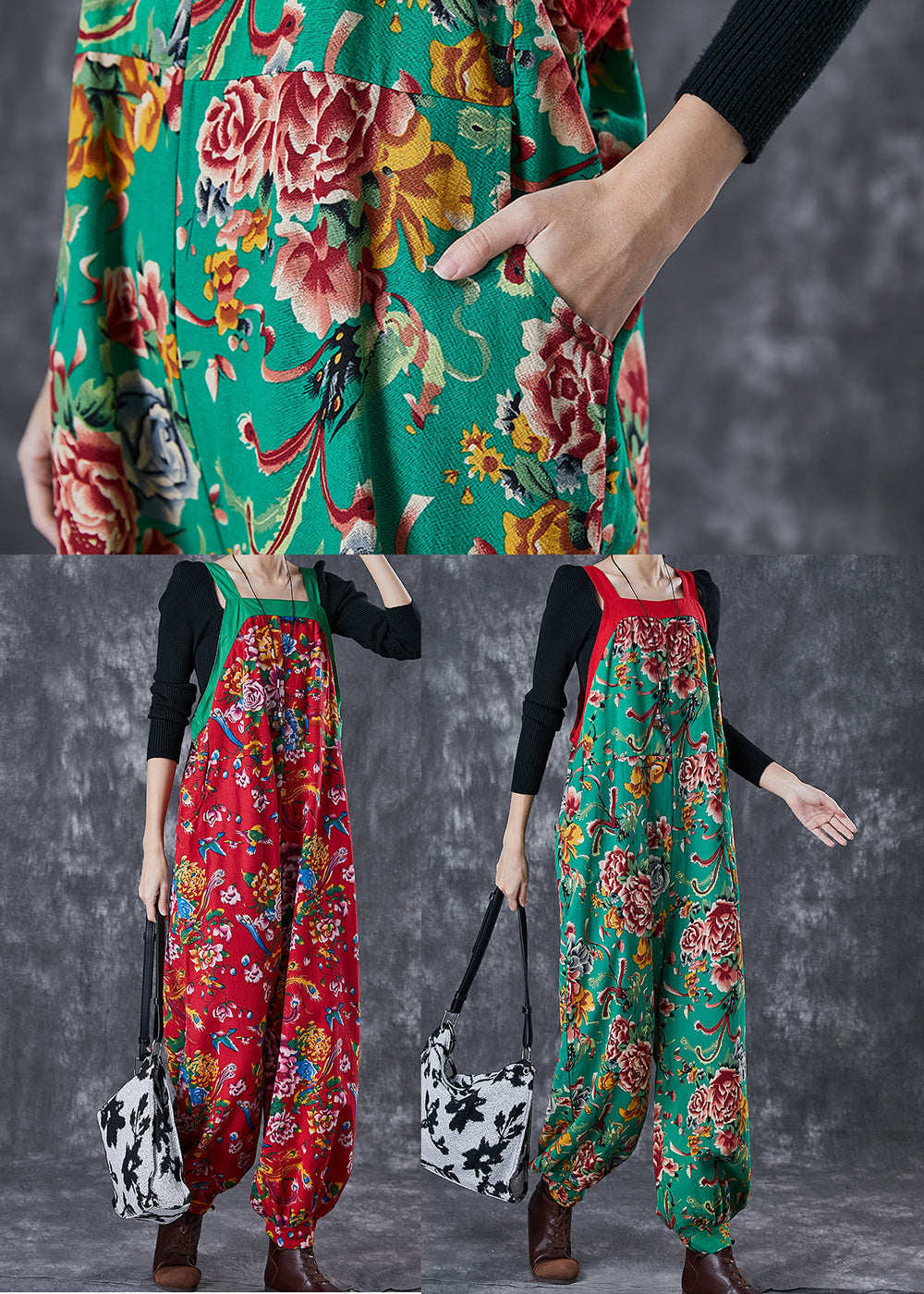 Red Print Cotton Overalls Jumpsuit Wear on Both Sides Fall