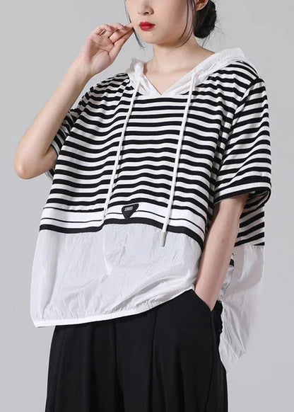 Italian Black Striped Hooded Cotton Top Summer