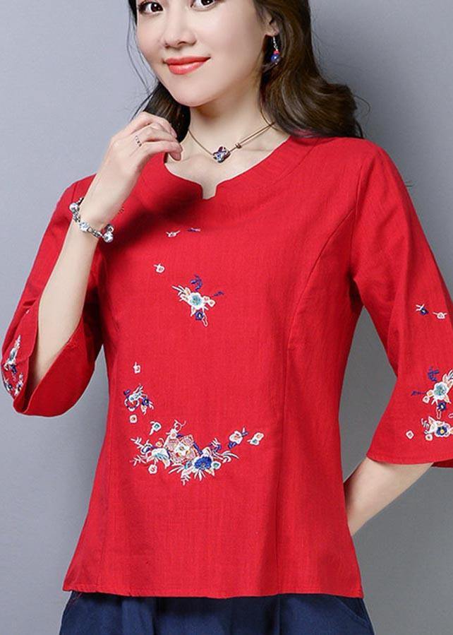 Natural Navy Embroideried Oriental Cotton Linen Shirts Summer