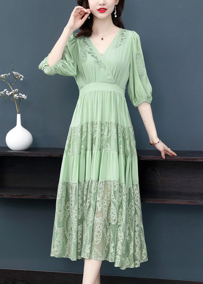 Simple Green V Neck Embroideried Elastic Waist Silk Long Dress Short Sleeve Summer