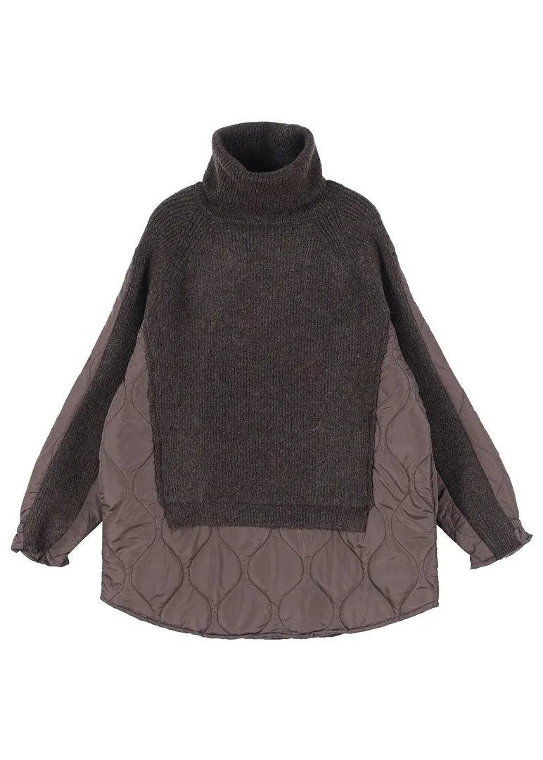 Chocolate Knitted High Neck Combed Rhombic Plaid Cotton Sweater