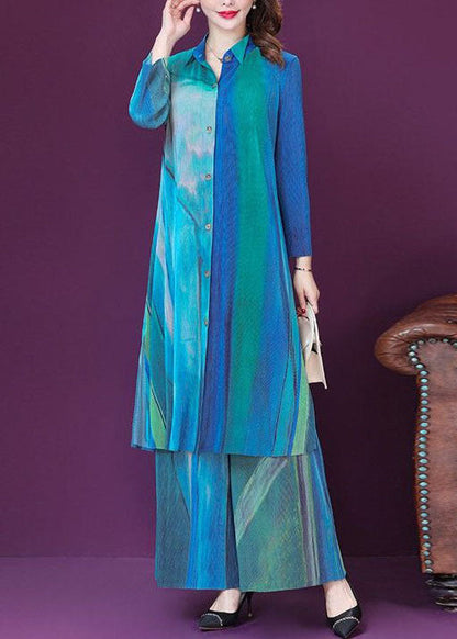 Blue Peter Pan Collar Tie Dye Silk Two Piece Set Long Sleeve