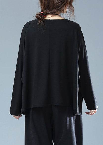 Black O Neck Embroideried Patchwork Cotton T Shirt Top Fall