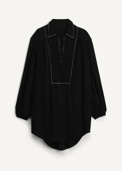 Organic Black Peter Pan Collar Lace Up Cotton Tops Fall