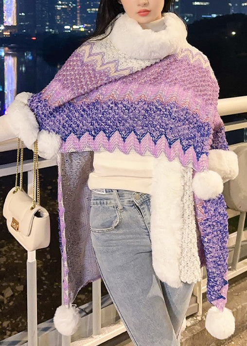 Purple V Neck Fuzzy Ball Patchwork Knit Cape Coats Spring