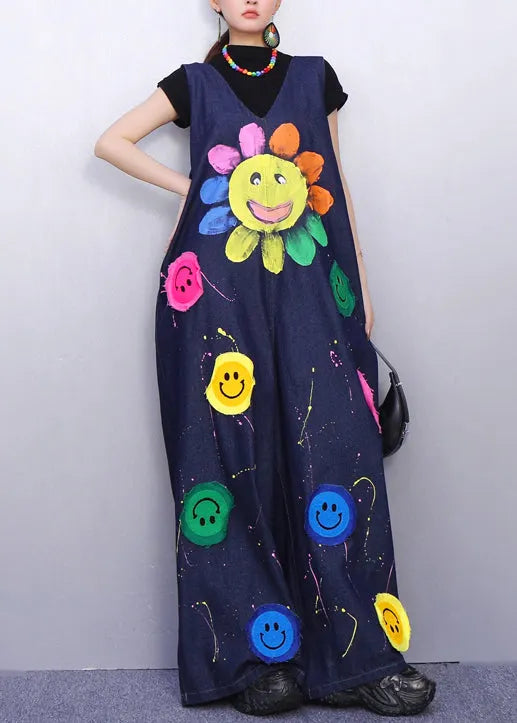 Vibrant Smiley Festooned Blue Denim Jumpsuit Look