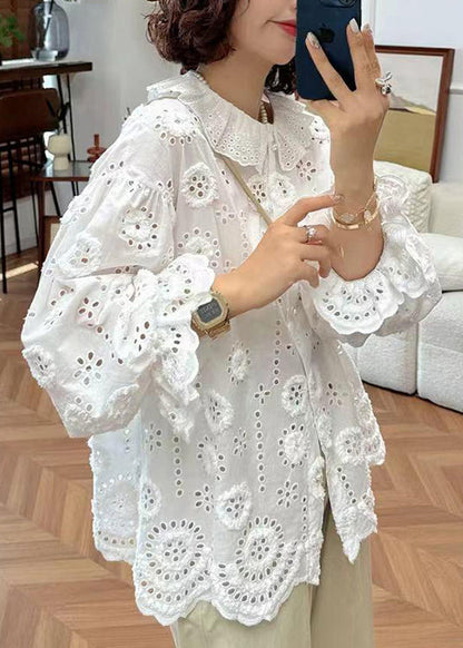 French Handmade White Puff Sleeve Hollow Out Cotton to