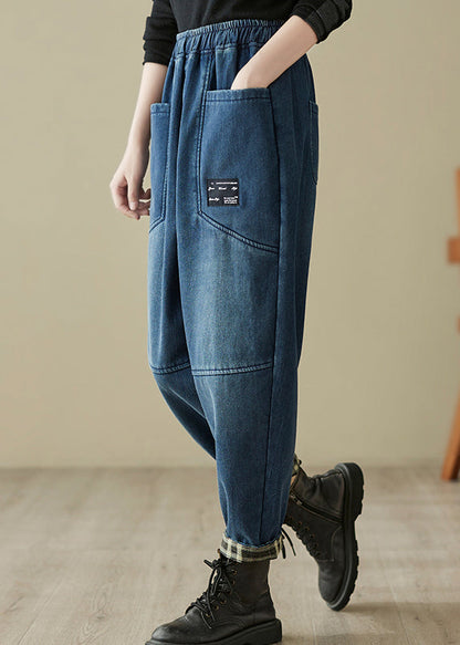 Natural Blue Pockets High Waist Warm Fleece Denim Harem Pants Winter