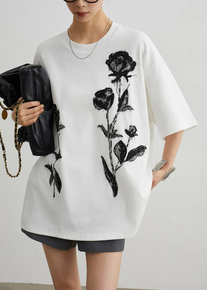 Handmade White Rose Nail Bead Cotton T Shirts Half Sleeve