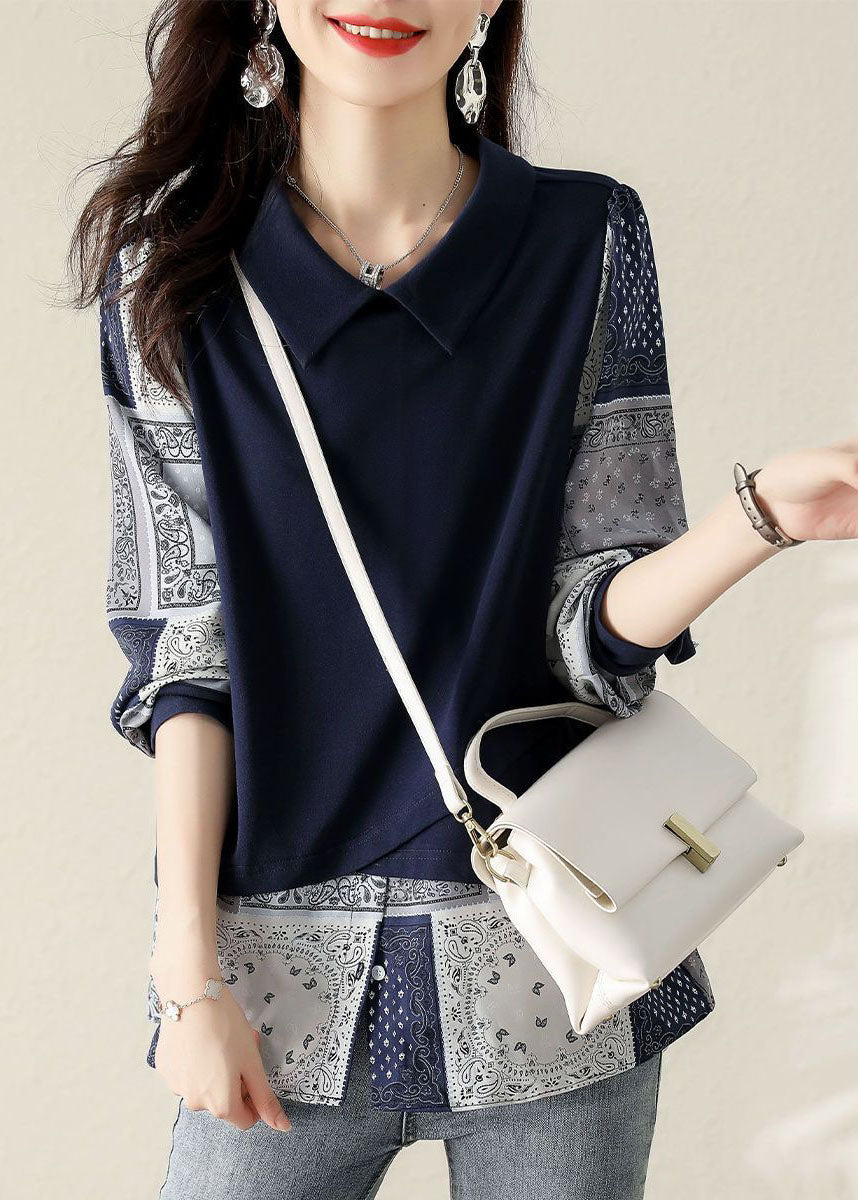 French Navy Peter Pan Collar Patchwork Cotton Fake Two Piece Sweatshirt Spring