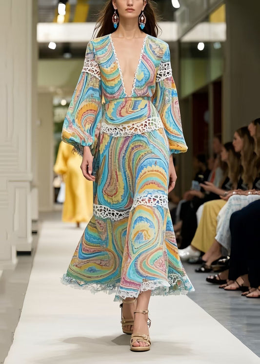 Print Patchwork Lace Long Dress Spring