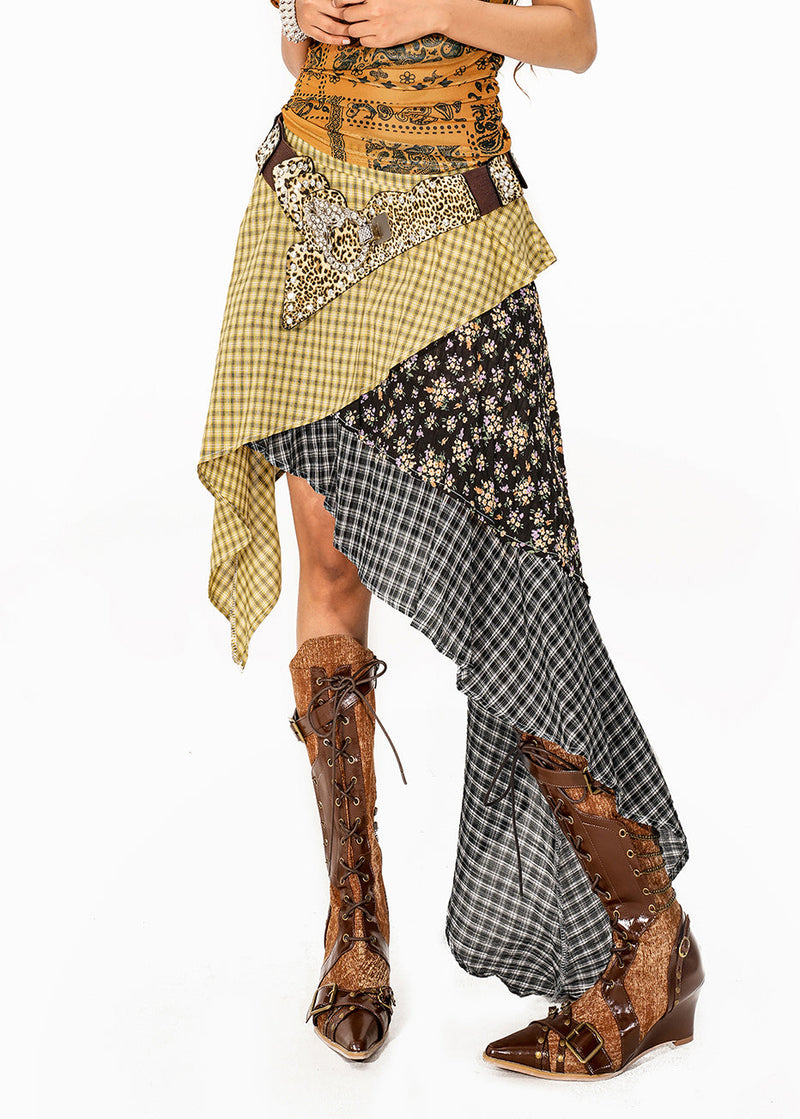 Colorblock Plaid Skirt Asymmetrical Patchwork Summer