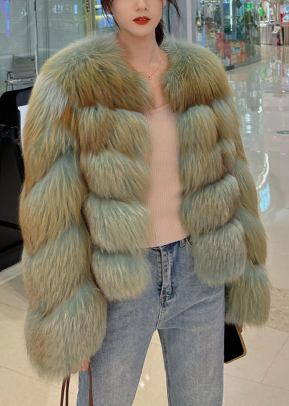 Green O-neck Fox Collar Leather and Fur Coats