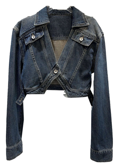 Navy Peter Pan Collar Patchwork Button Denim Coats