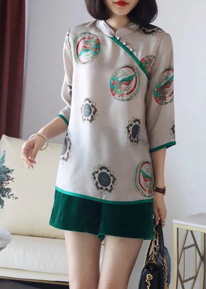 Grey Stand Collar Button Print Patchwork Silk Blouses Spring