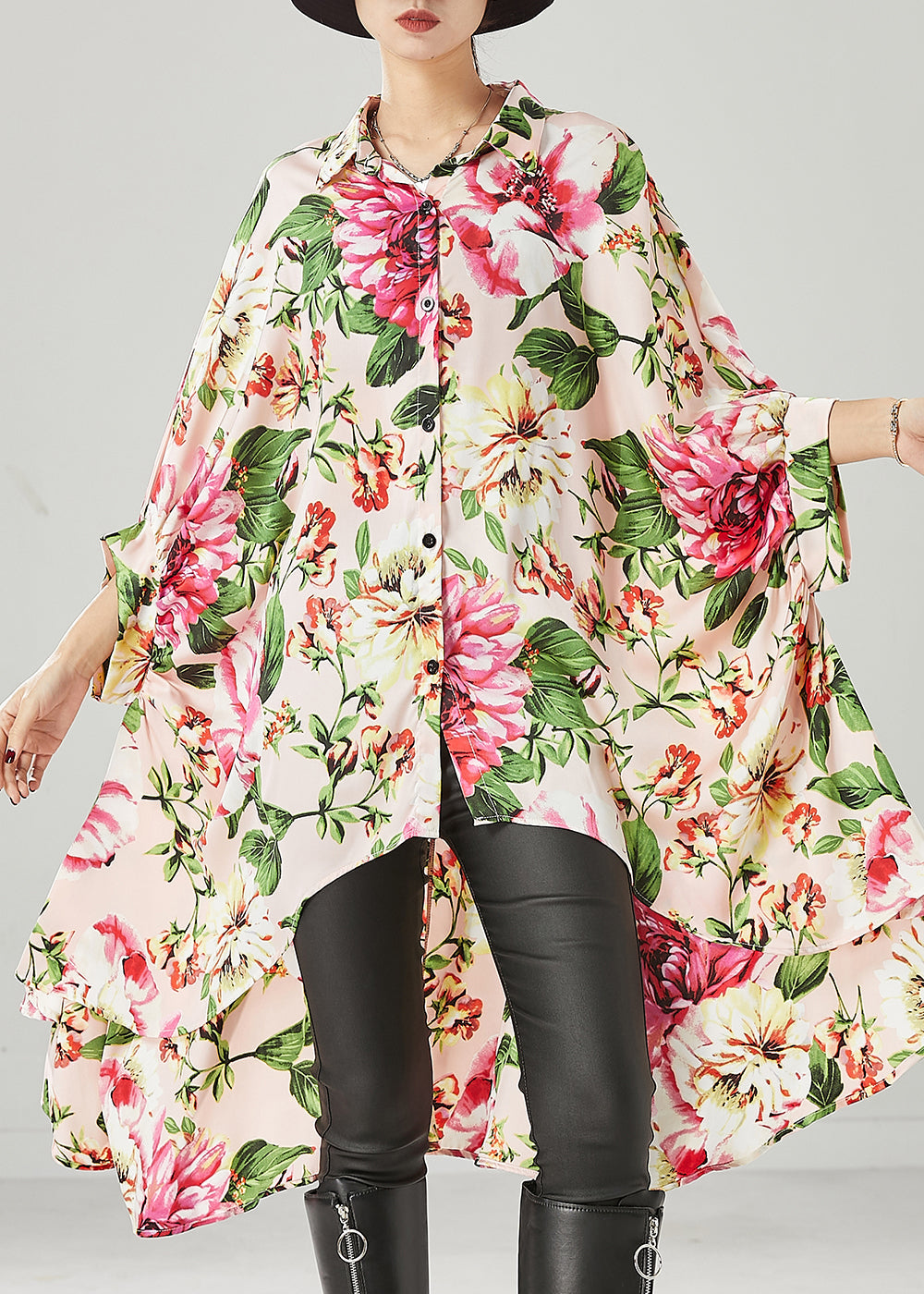 Apricot Print Low High Design Chiffon Shirt Dresses Spring