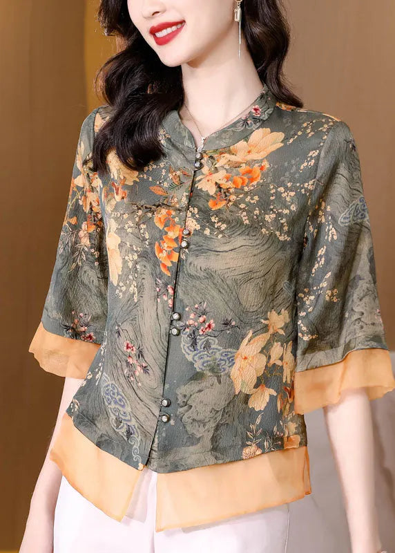 Slim Fit Light Green O-neck Print Button Tulle Patchwork Silk Blouse Tops Short Sleeve