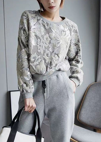 Handmade Grey O-neck Embroideried Sequins Velour Sweatshirt Fall