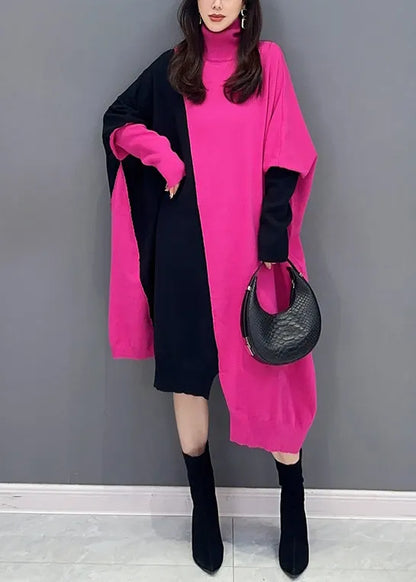Rose Turtleneck Asymmetrical Patchwork Cotton Knit Long Dress Fall