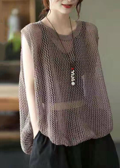 Loose Brown O Neck Hollow Out Knit Vest Sleeveless