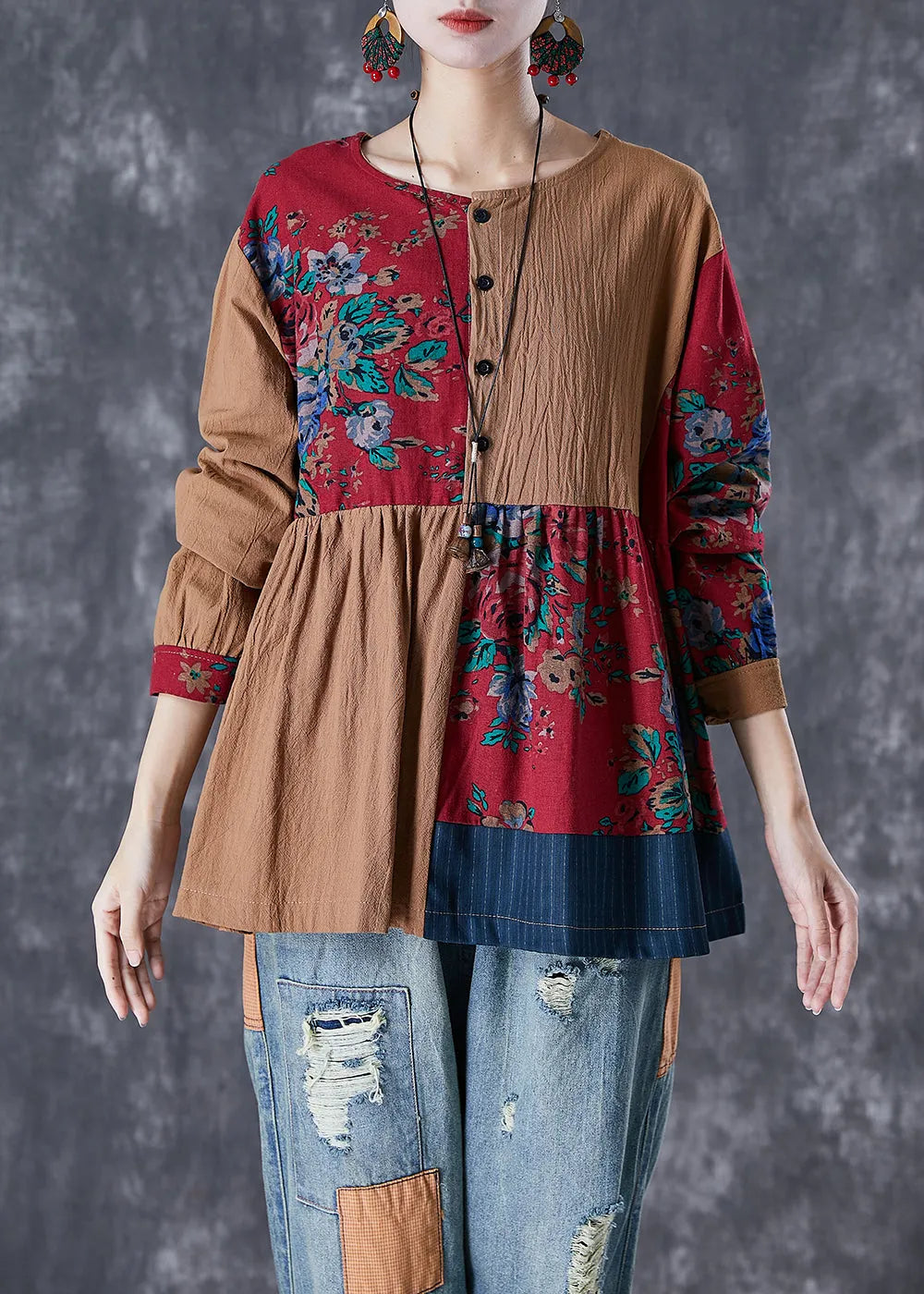 Colorblock Oversized Patchwork Linen Top Fall