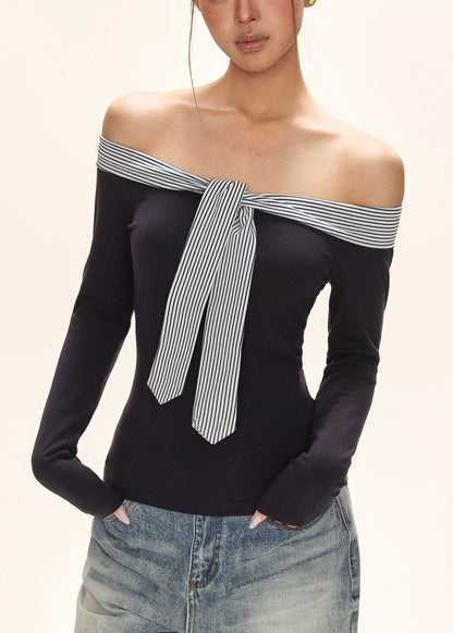 Italian Navy Blue Cold Shoulder Tie Lace T Shirt Fall