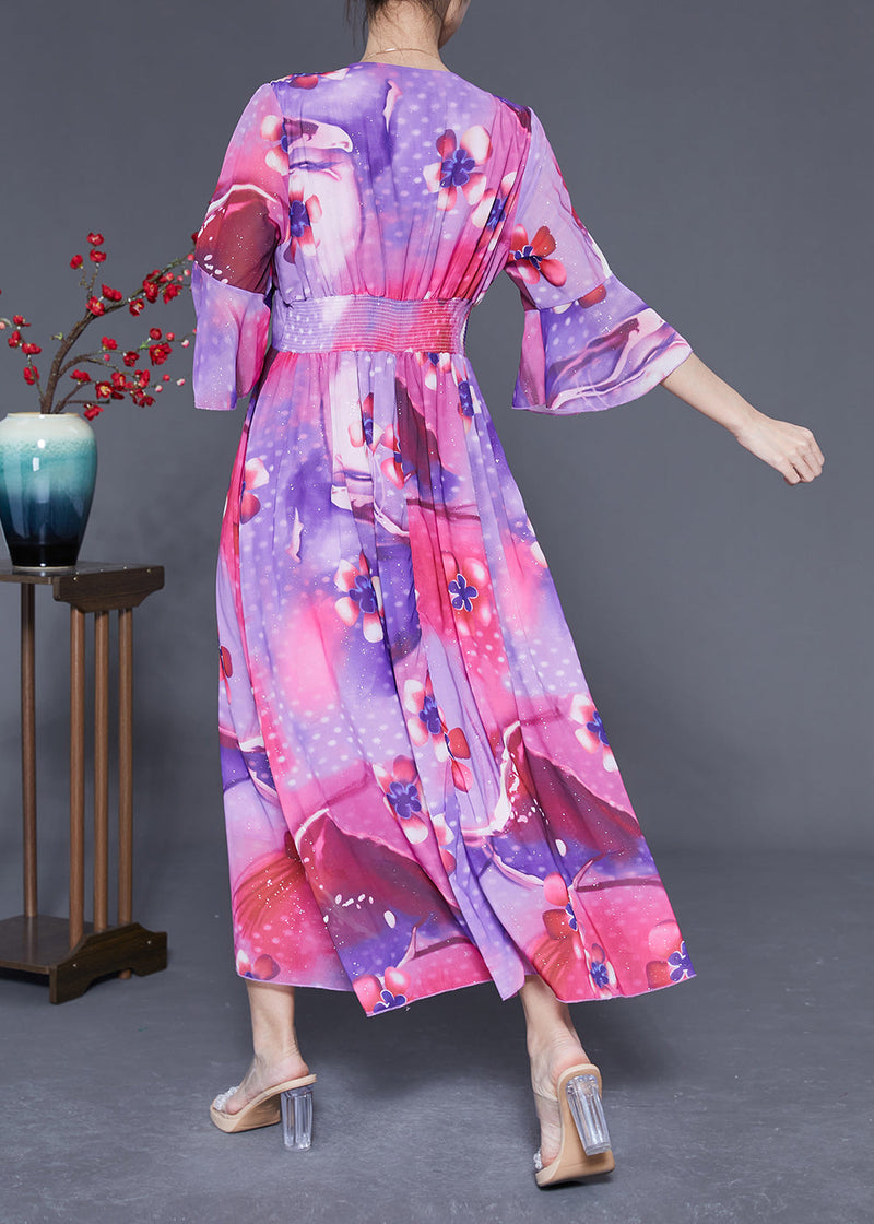 Rose Cinched Patchwork Print Silk Vacation Dress Summer