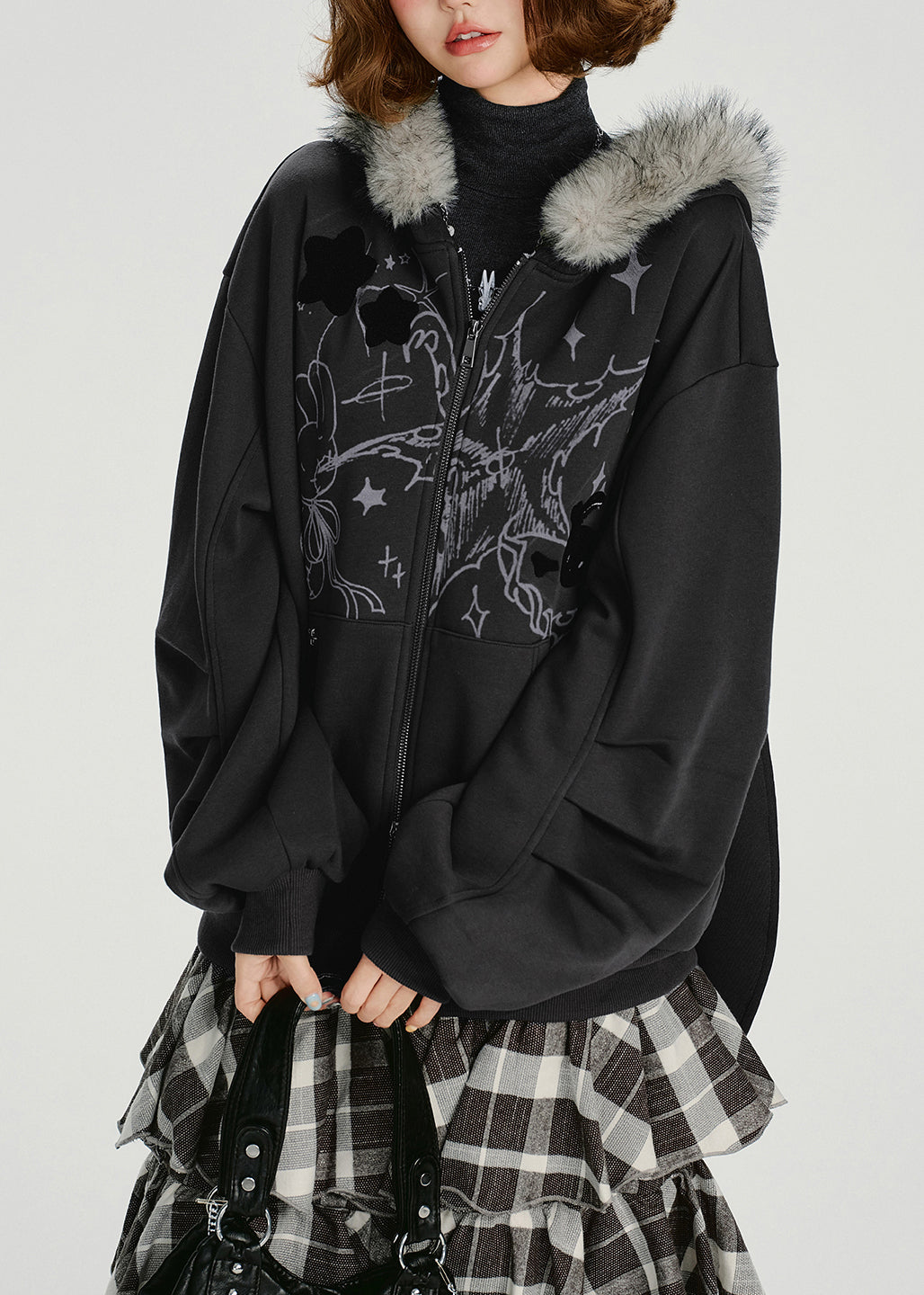Dark Grey Fur Collar Patchwork Cotton Hooded Coat Spring