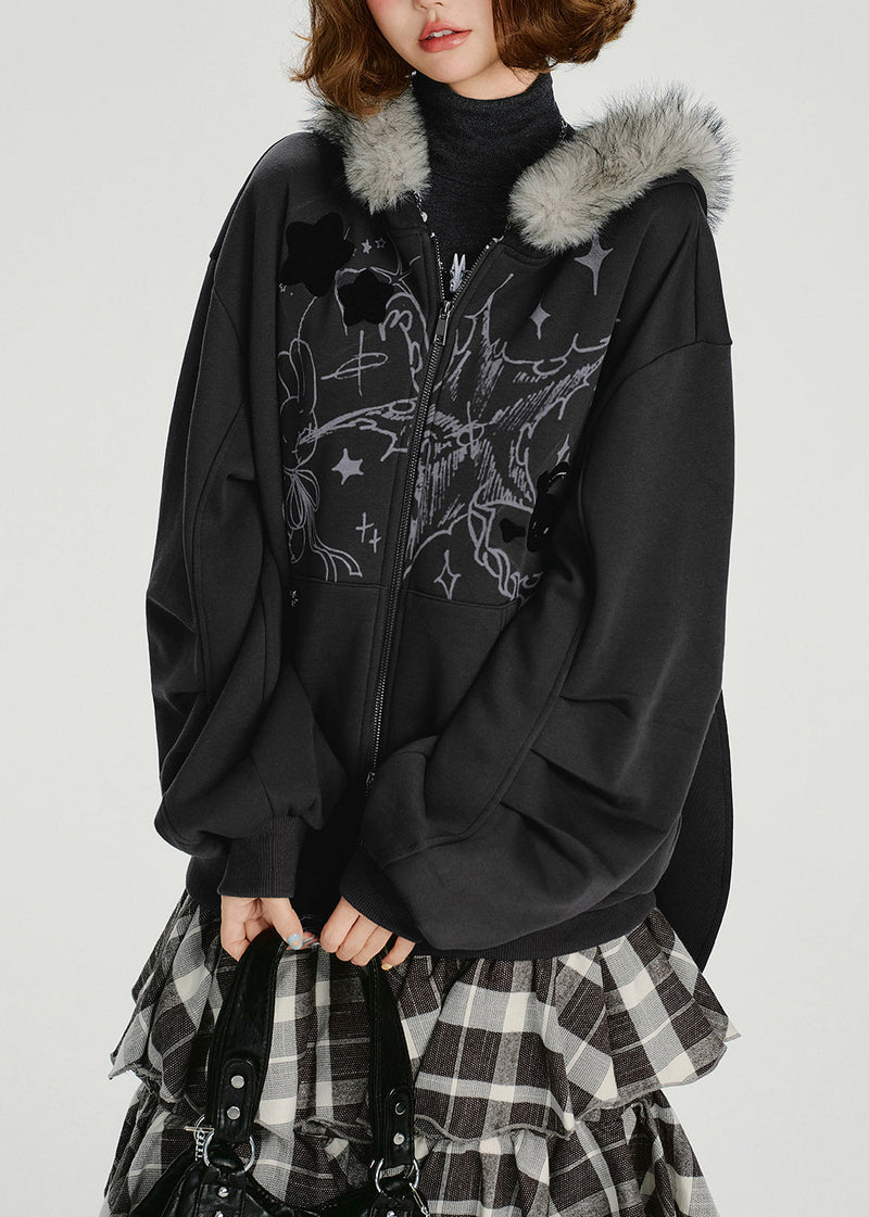 Dark Grey Fur Collar Patchwork Cotton Hooded Coat Spring