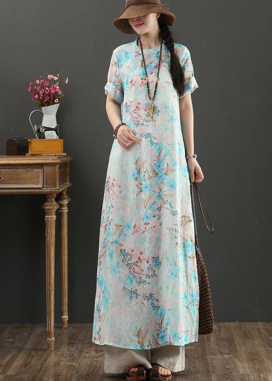 Comfy Blue Print Linen Short Sleeve Summer Vacation Dresses
