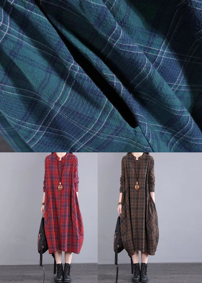 Coffee Plaid Patchwork Cotton Shirts Dress Fall