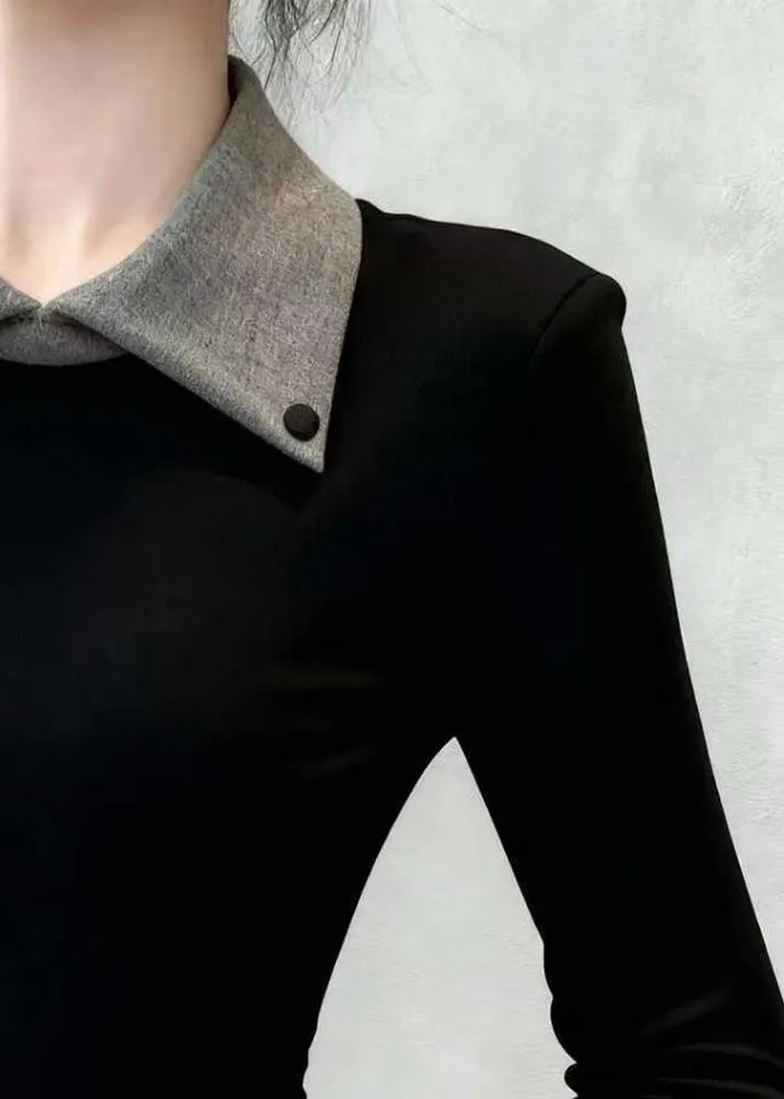 Slim Fit Black Peter Pan Collar False Two Pieces Patchwork Cotton T Shirts Spring