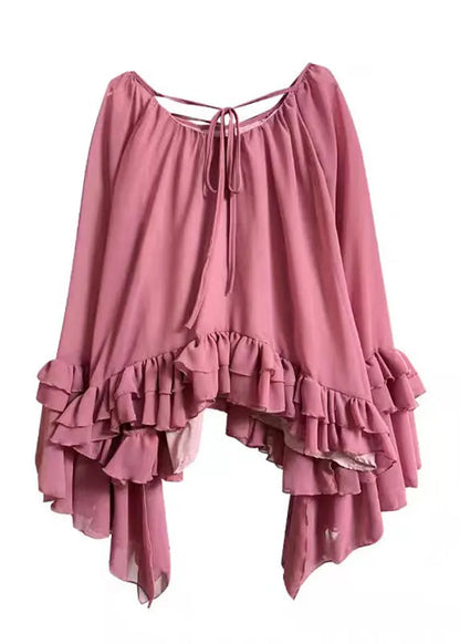 Organic Pink O-neck Tie Lace Chiffon Shirts Flare Sleeve