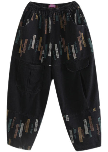 Fitted Black Elastic Waist Print Denim Pants Spring