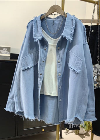 Pink Tasseled Oversized Denim Shirts Coat Fall