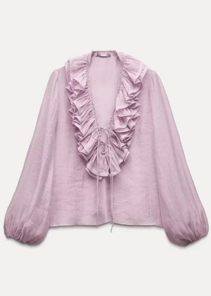 Modern Pink Ruffled Drawstring Tops Lantern Sleeve