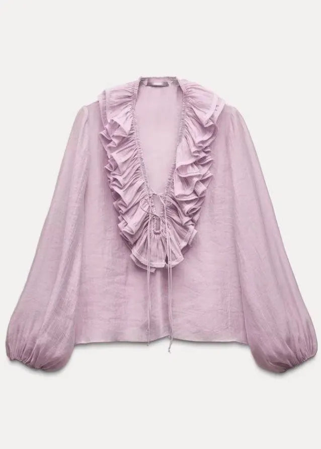 Modern Pink Ruffled Drawstring Tops Lantern Sleeve