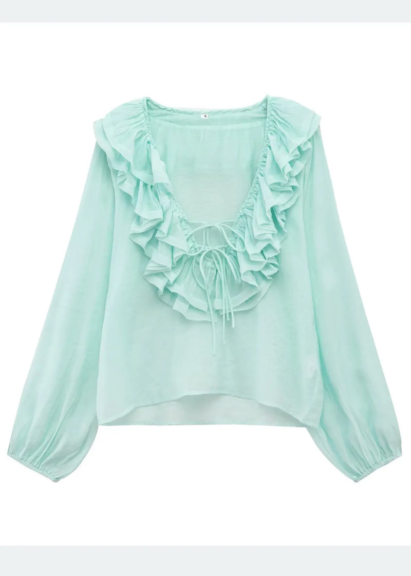 Sky Blue Ruffled Cotton Shirt Tops Summer