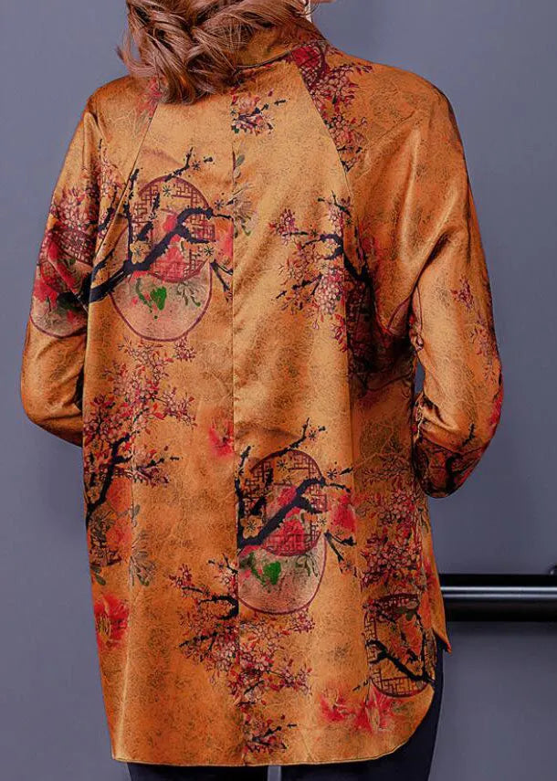 Ginger Stand Collar Side Open Print Silk Blouse Top Spring