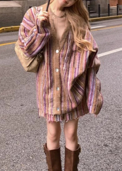 Loose Striped Button Cardigan and Shorts Cotton Knit Two Pieces Set Fall