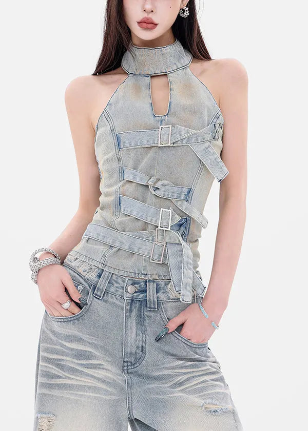 French Light Blue Original Design Backless Top Sleeveless