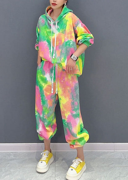 Diy Green Print Hooded Coats and Lantern Pants Two Piece Set Long Sleeve