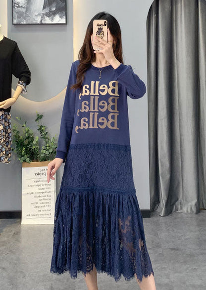 Blue Lace Patchwork Cotton Dress Spring