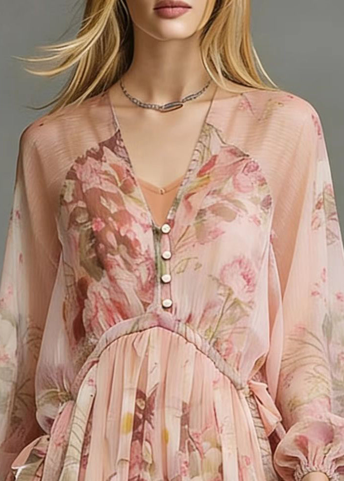 Italian Pink Cinched Print Chiffon Tea Dress Spring