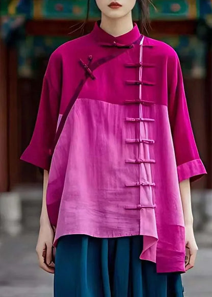 Chinese Style Light Purple Stand Collar Asymmetrical Button Shirt Summer